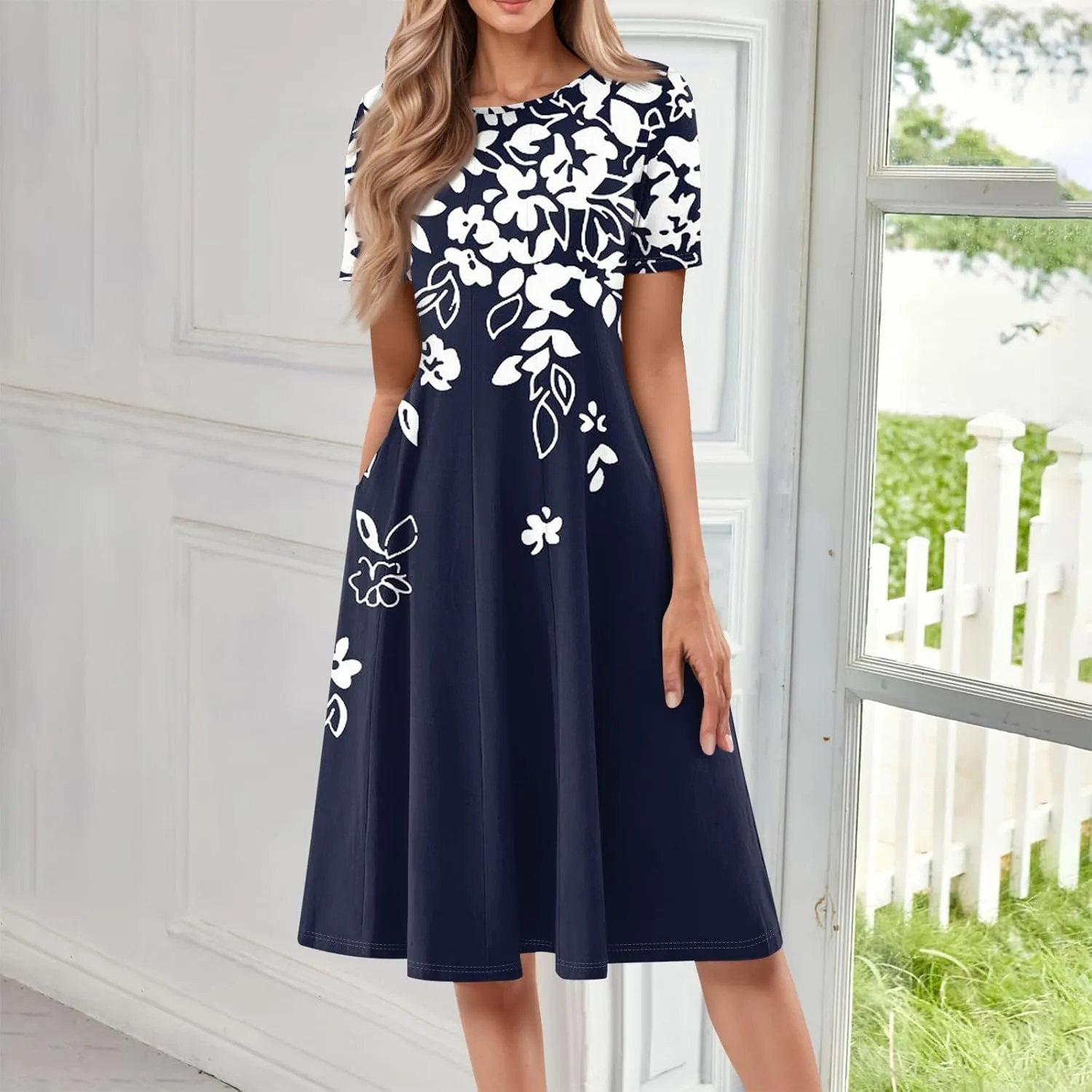 Shirt Dresses for Women Spring Midi Dresses Short Sleeve Dress Crew Neck A Line Elegant Dress with Pocket