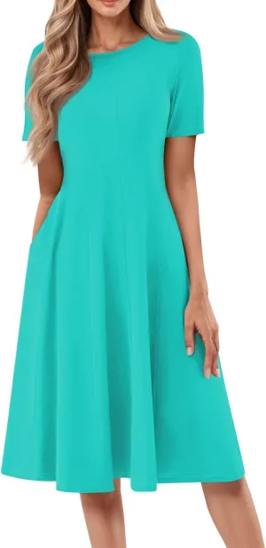 Shirt Dresses for Women Spring Midi Dresses Short Sleeve Dress Crew Neck A Line Elegant Dress with Pocket