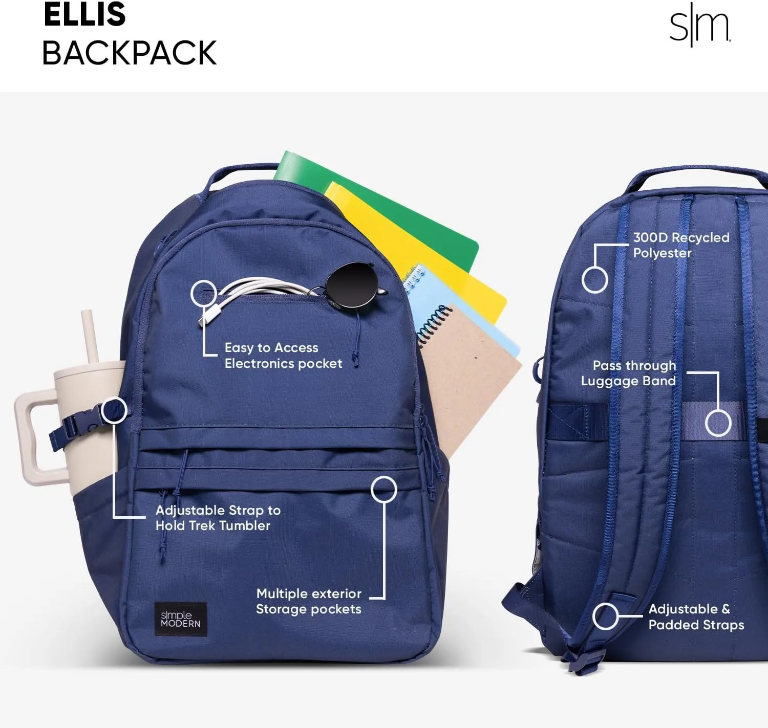 Simple Modern Ellis Backpack for School | Elementary Middle and High School Bookbag for Kids and Teens | Girls and Boys | Navy
