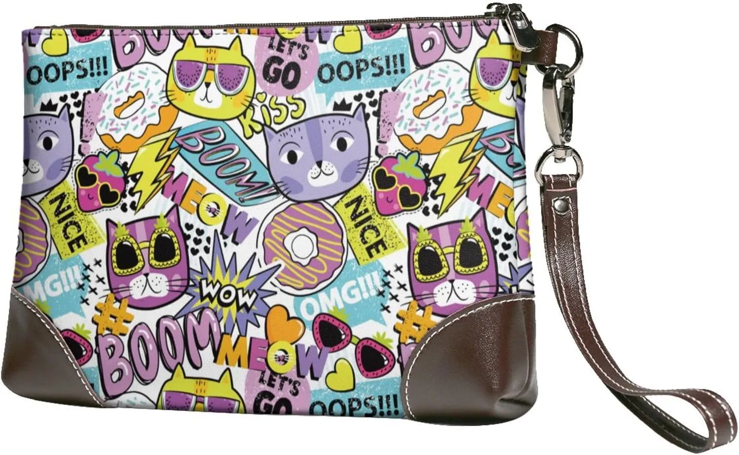 Small Clutch Purses for Women - Modern Abstract Glasses Cat Leather Wristlet Wallets for Women with Wrist Strap