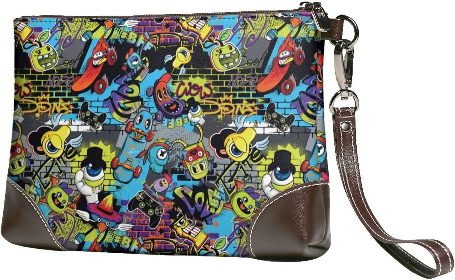 Small Clutch Purses for Women - Modern Graffiti Q Version Eyes Leather Wristlet Wallets for Women with Wrist Strap