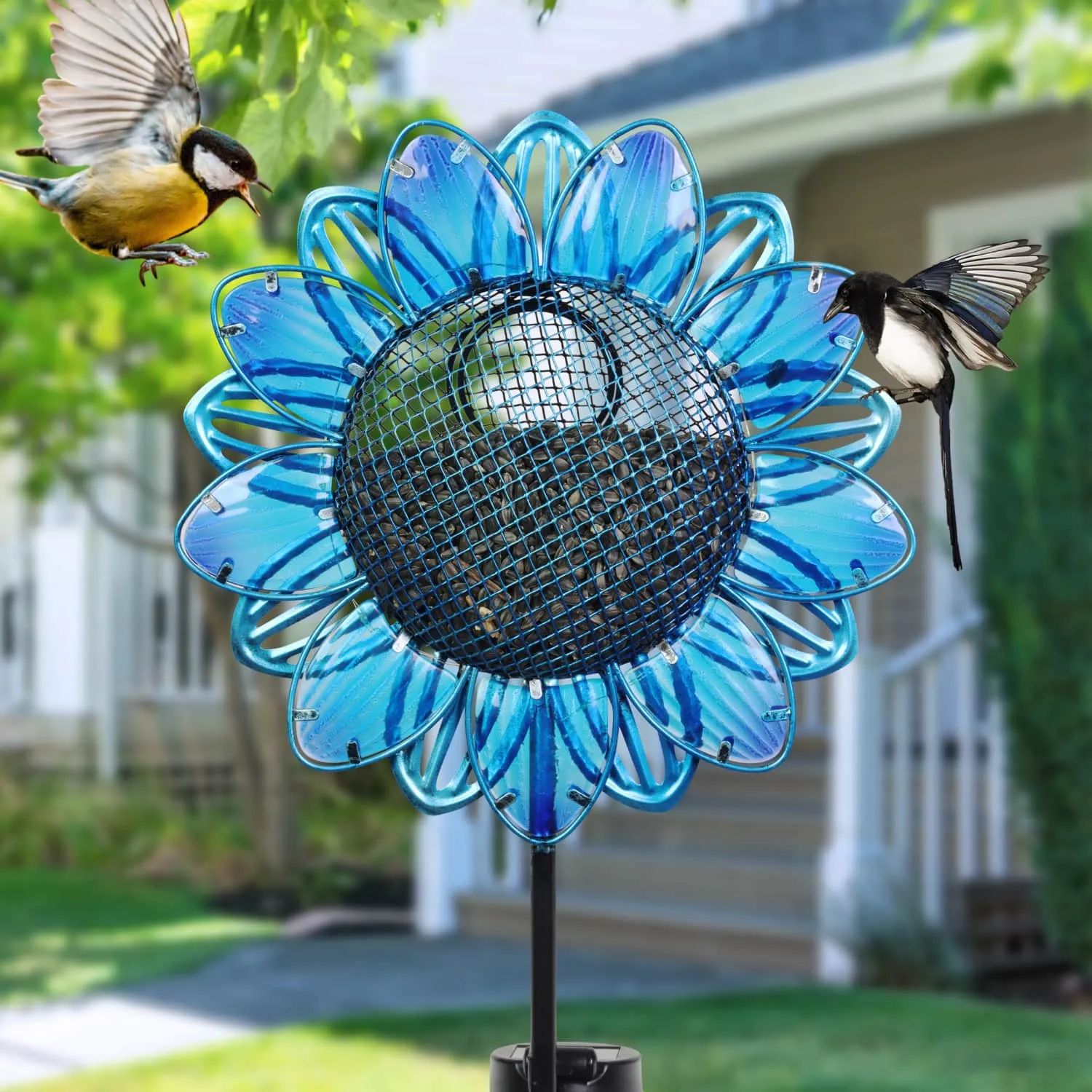 Solar Blue Sunflower Metal and Glass Bird Seed Feeder Garden Stake, 11 by 36 Inches