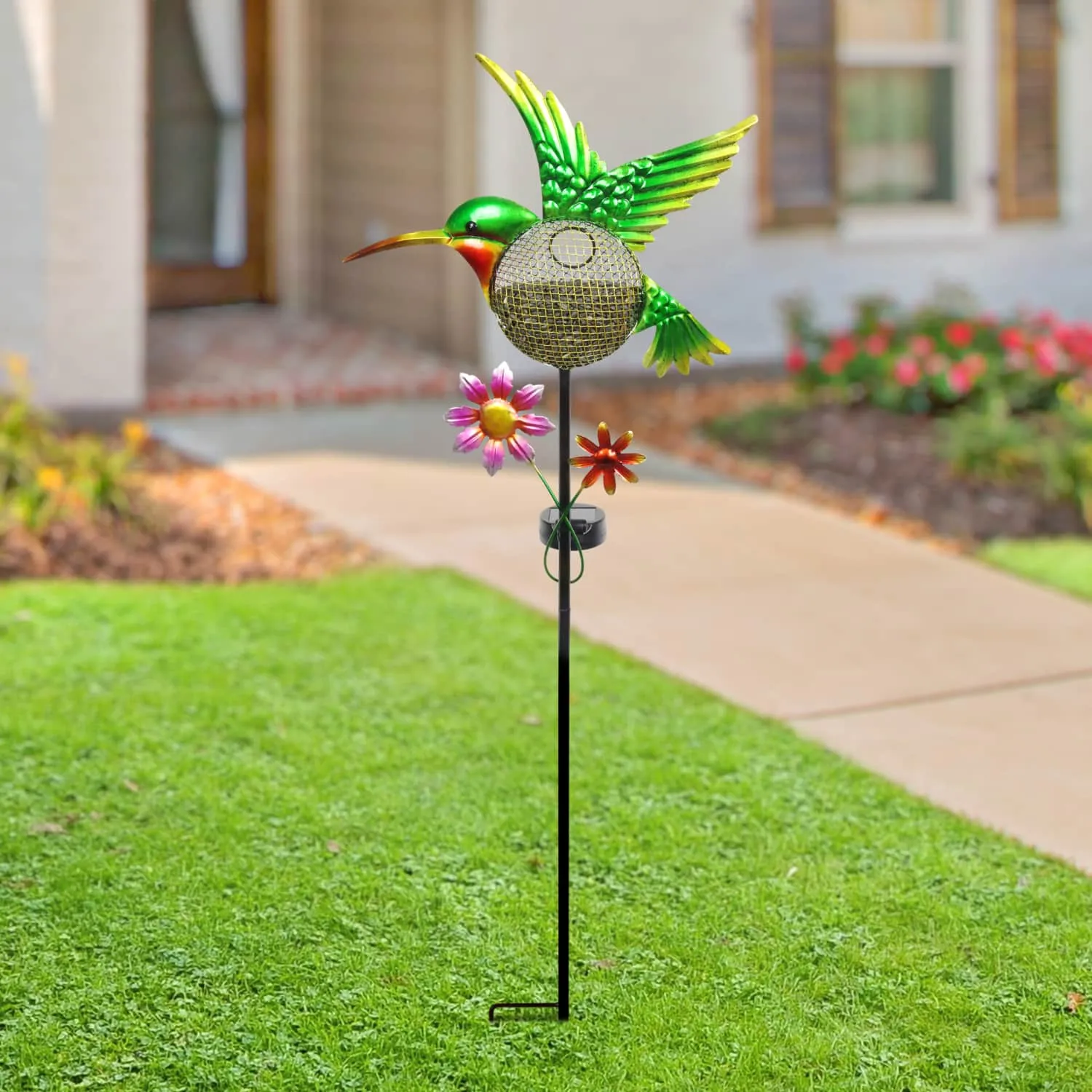 Solar Hand Painted Hummingbird Metal Mesh Pellet Bird Feeder Garden Stake, 12.5 by 36 Inches