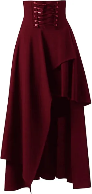 Solid Skirts for Women Midi Length High Low Modest Lace Up Pleated Goth Irregular Vintage Plus Size Rise Graceful