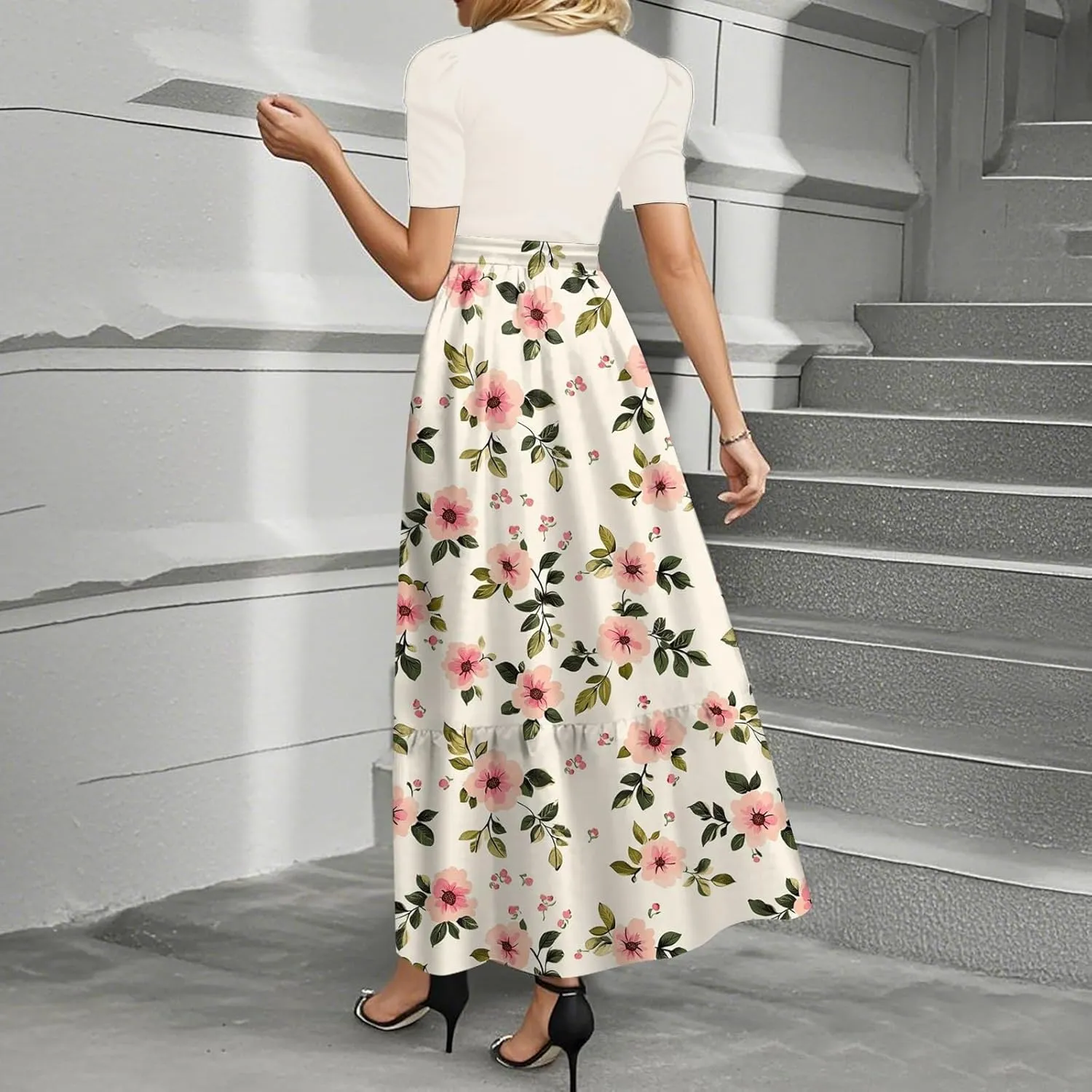 Spring Dresses for Women 2025 Women's Casual Short Sleeves Maxi Dress with High Waist Perfect for Parties and Weddings