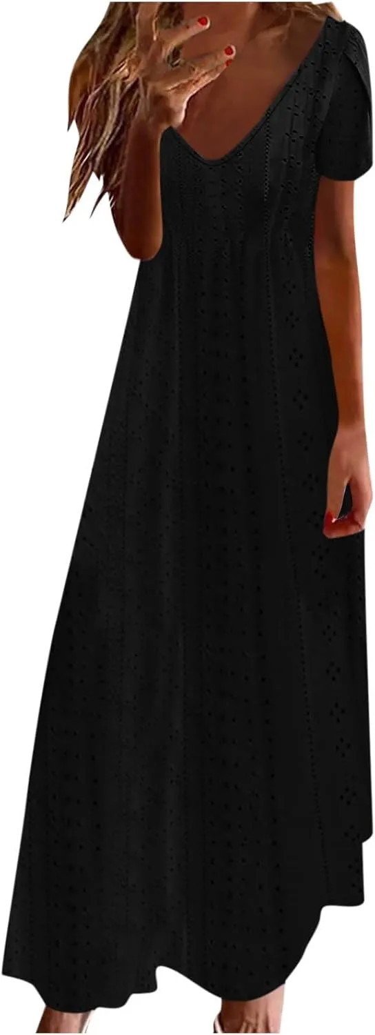 Spring Maxi Dresses for Women 2025 Summer Casual Petal Sleeve Eyelet Dress Fashion Trendy Loose Swing Flowy Long Dress