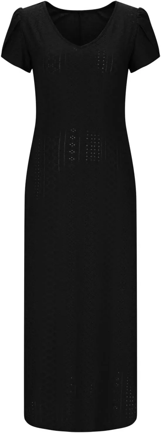 Spring Maxi Dresses for Women 2025 Summer Casual Petal Sleeve Eyelet Dress Fashion Trendy Loose Swing Flowy Long Dress