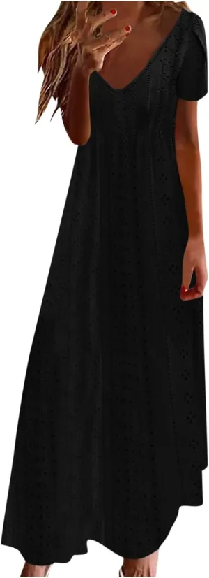 Spring Maxi Dresses for Women 2025 Summer Casual Petal Sleeve Eyelet Dress Fashion Trendy Loose Swing Flowy Long Dress