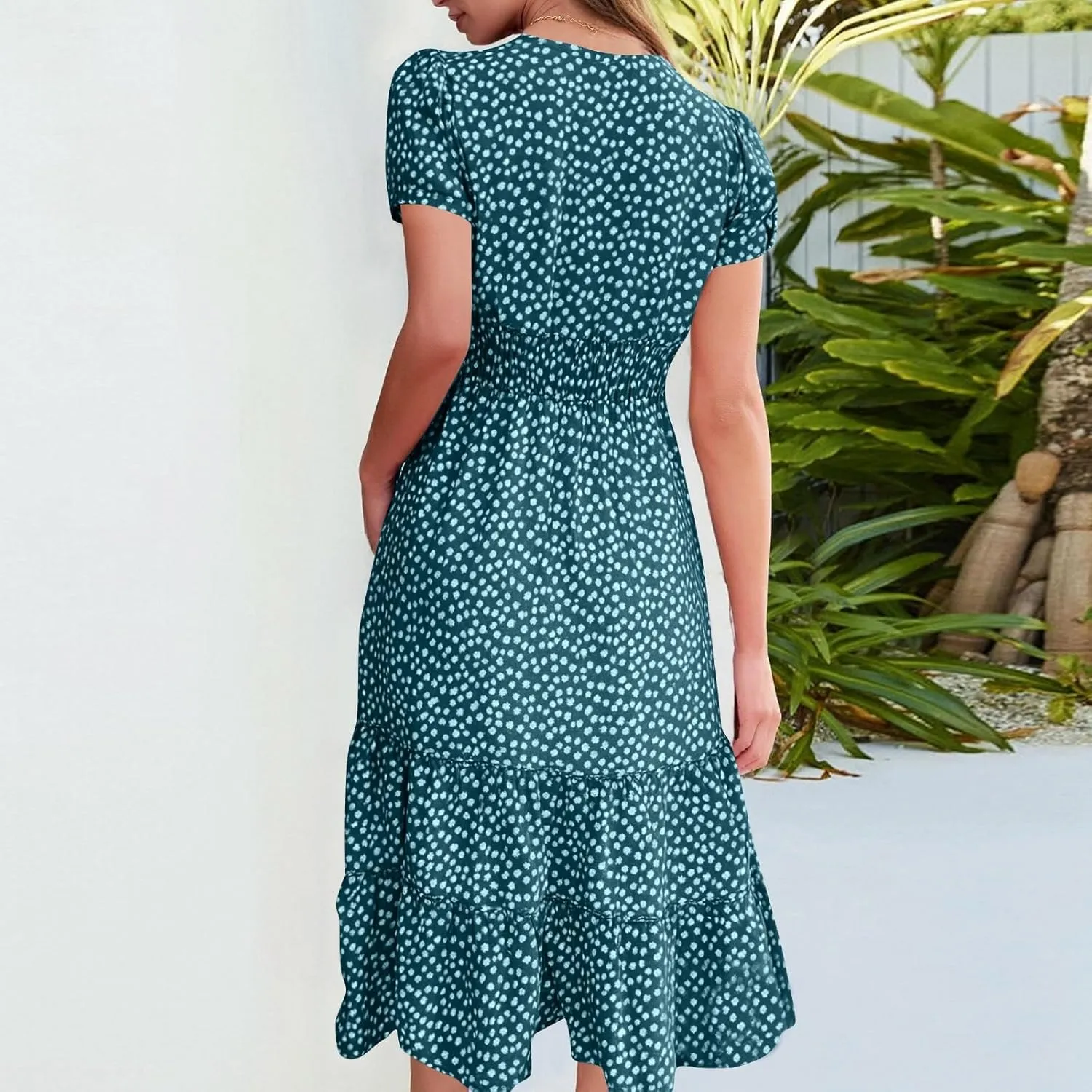 Square Neck Summer Dresses for Women 2025 Polka Dot Short Sleeve Midi Dresses Tiered Flowy Swing Boho Beach Sundress