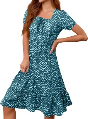 Square Neck Summer Dresses for Women 2025 Polka Dot Short Sleeve Midi Dresses Tiered Flowy Swing Boho Beach Sundress