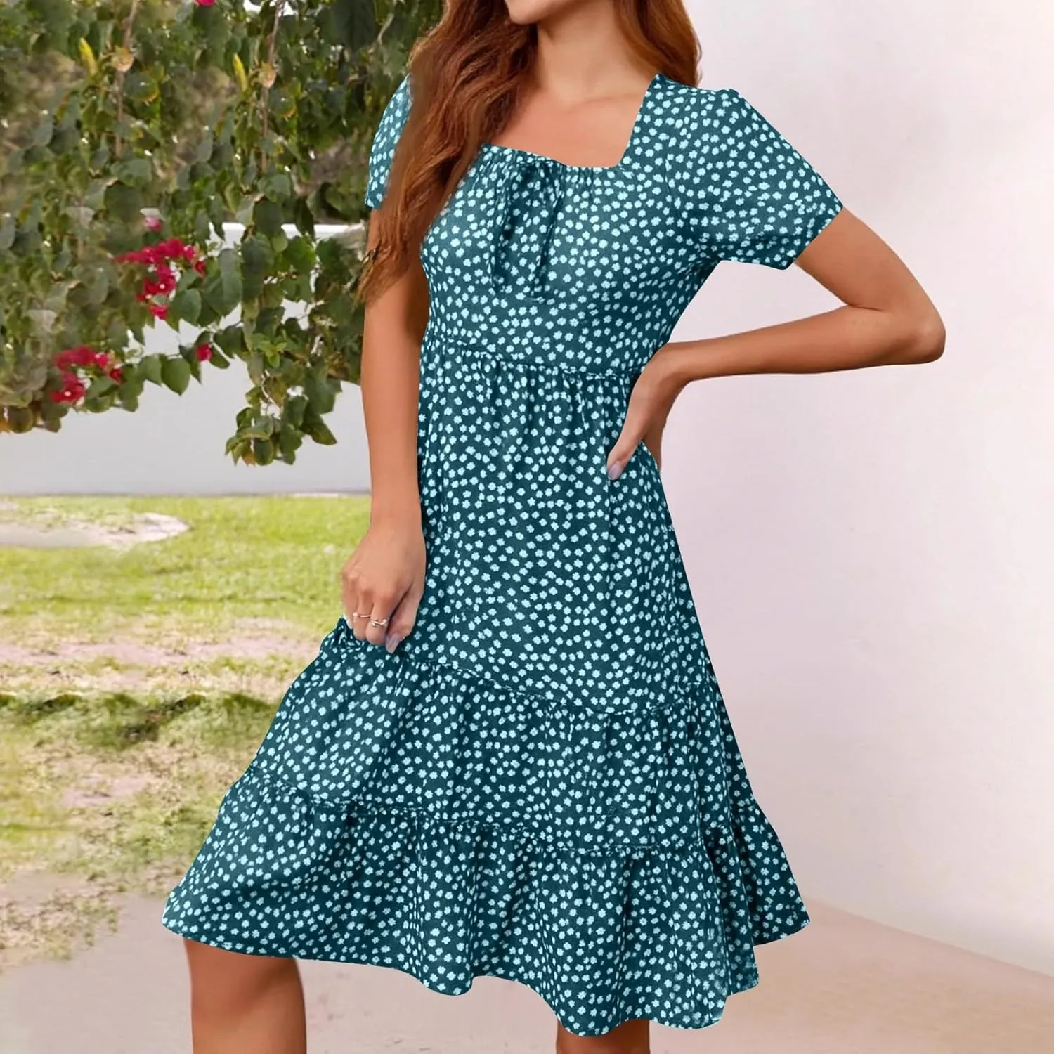 Square Neck Summer Dresses for Women 2025 Polka Dot Short Sleeve Midi Dresses Tiered Flowy Swing Boho Beach Sundress