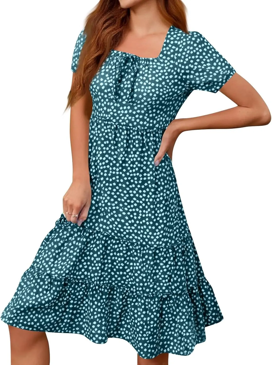 Square Neck Summer Dresses for Women 2025 Polka Dot Short Sleeve Midi Dresses Tiered Flowy Swing Boho Beach Sundress