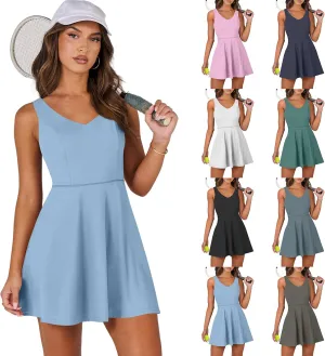 Stretchy Tennis Dresses for Women with Shorts Comfy Cross Open Back Workout Dresses V Neck Active Golf Skorts Pockets