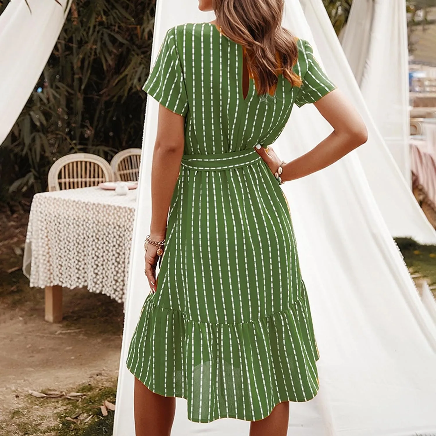 Striped Chiffon Midi Dress for Women Short Sleeve V-Neck Tie Waist Dresses Summer Casual Business Work Office Dress