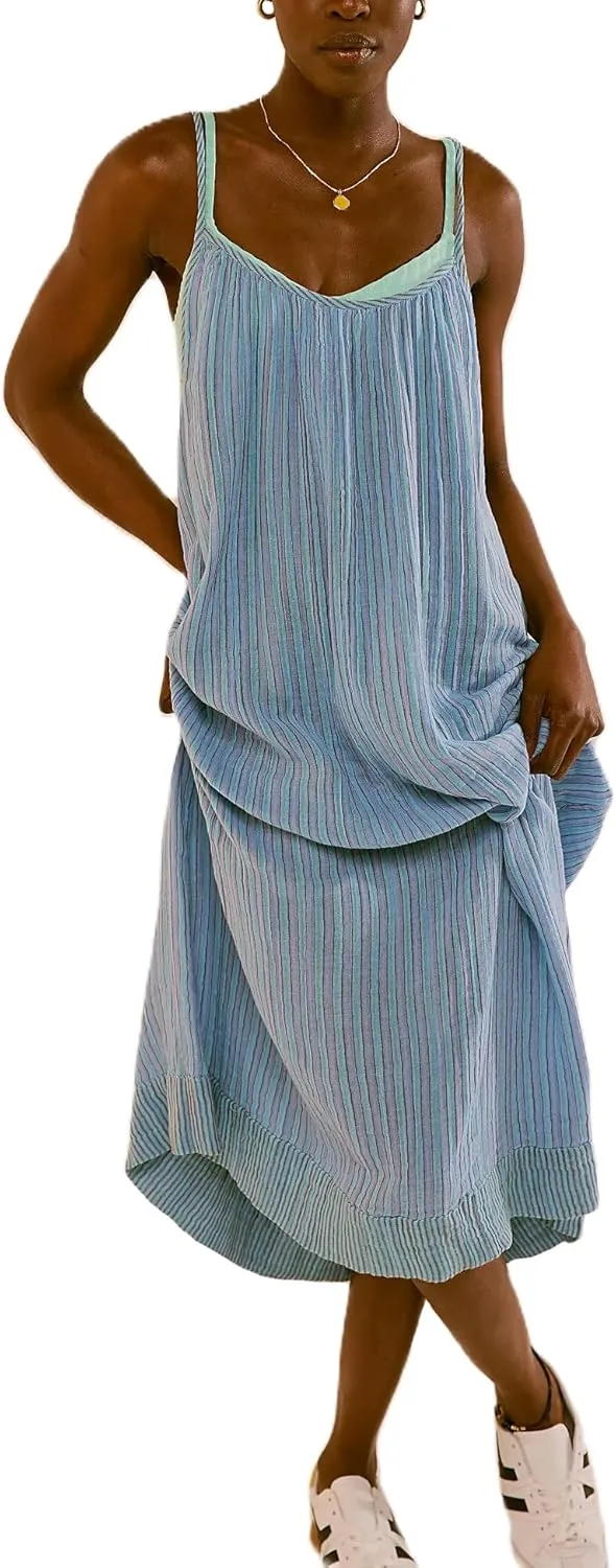 Striped Maxi Dress for Women Y2k Summer Long Flowy Beach Dress Boho Spaghetti Strap Backless Swing Midi Sundresses