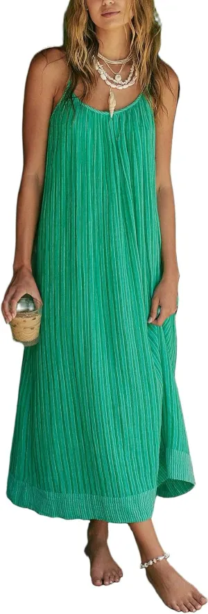 Striped Maxi Dress for Women Y2k Summer Long Flowy Beach Dress Boho Spaghetti Strap Backless Swing Midi Sundresses
