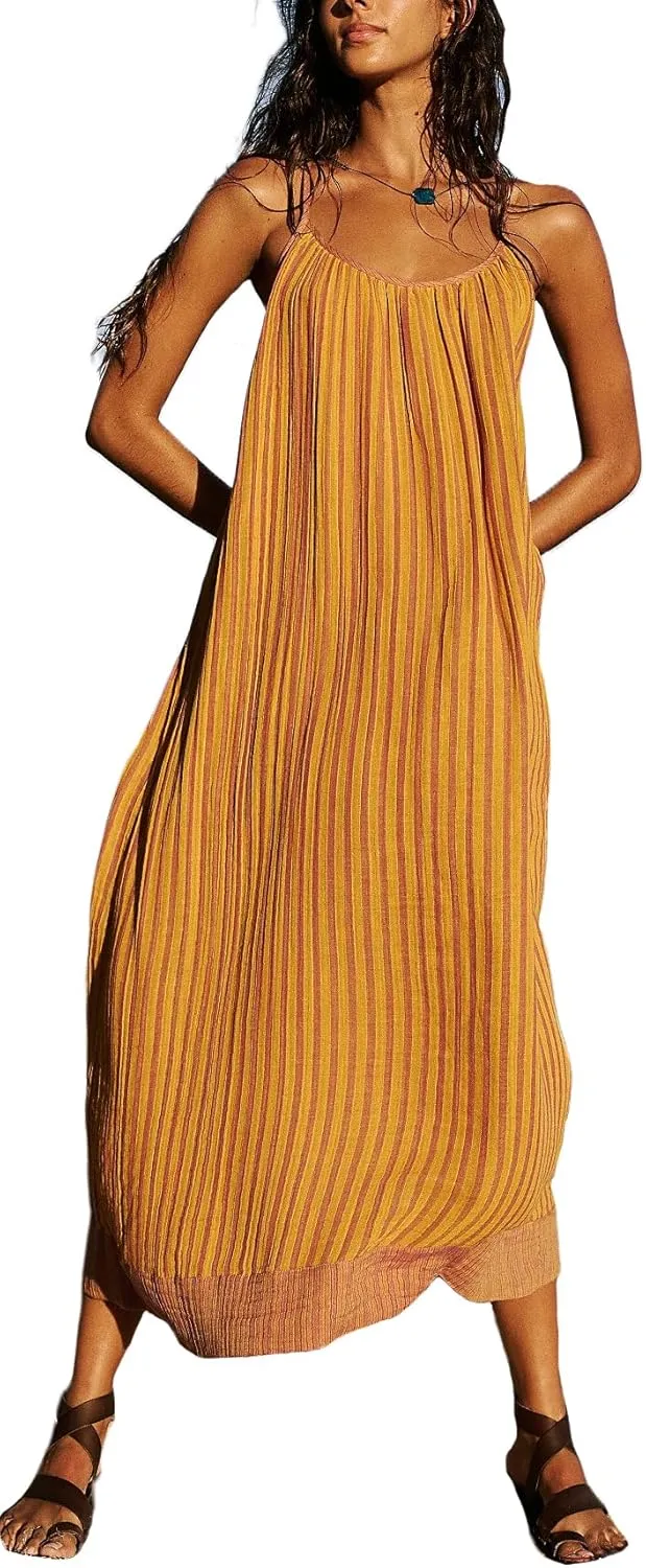 Striped Maxi Dress for Women Y2k Summer Long Flowy Beach Dress Boho Spaghetti Strap Backless Swing Midi Sundresses