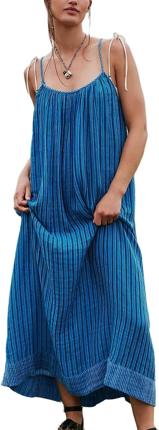 Striped Maxi Dress for Women Y2k Summer Long Flowy Beach Dress Boho Spaghetti Strap Backless Swing Midi Sundresses