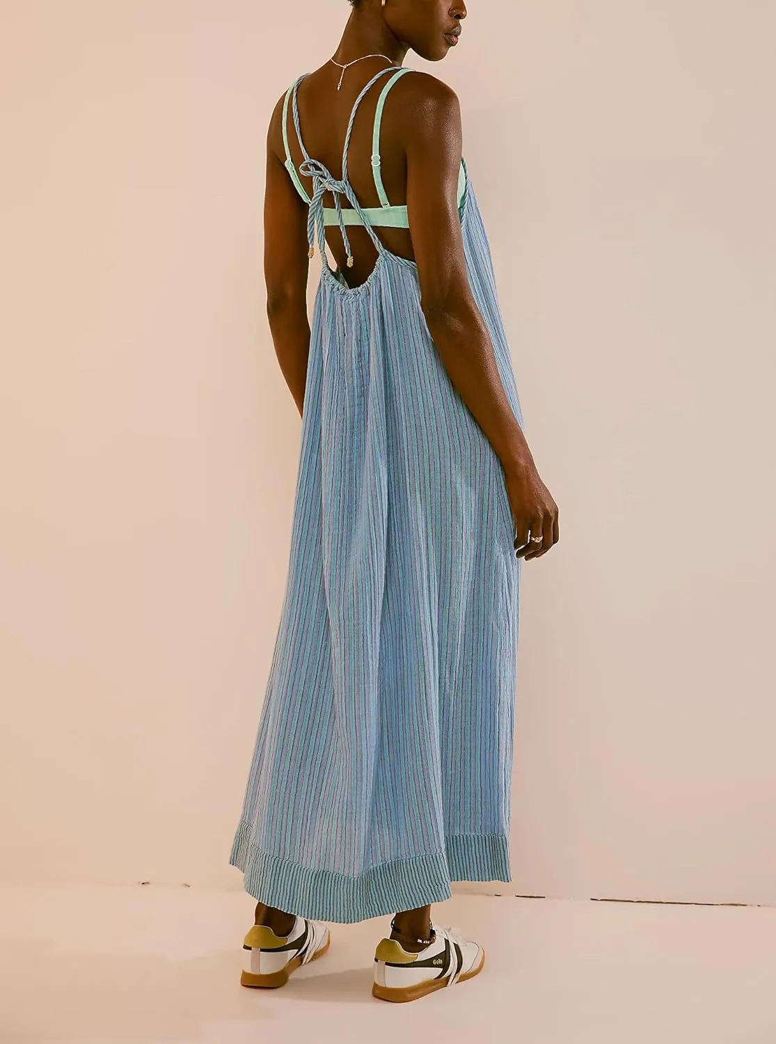 Striped Maxi Dress for Women Y2k Summer Long Flowy Beach Dress Boho Spaghetti Strap Backless Swing Midi Sundresses