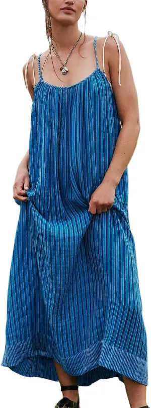 Striped Maxi Dress for Women Y2k Summer Long Flowy Beach Dress Boho Spaghetti Strap Backless Swing Midi Sundresses