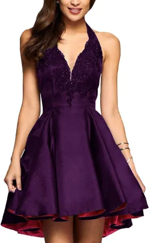Sukleet Lace Appliques Short Homecoming Dress for Teens 2025 High Low Halter Satin Prom Dresses with Pockets