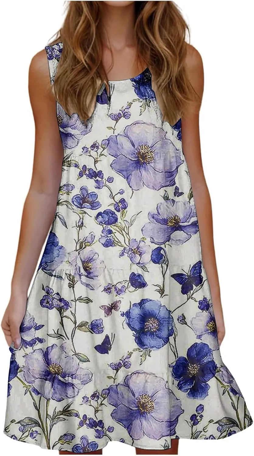 Summer Beach Dresses for Women Trendy Boho Floral Tank Dress Casual Ruffle Flowy Sundresses Vacation Outfits 2025