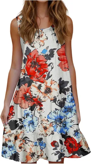 Summer Beach Dresses for Women Trendy Boho Floral Tank Dress Casual Ruffle Flowy Sundresses Vacation Outfits 2025