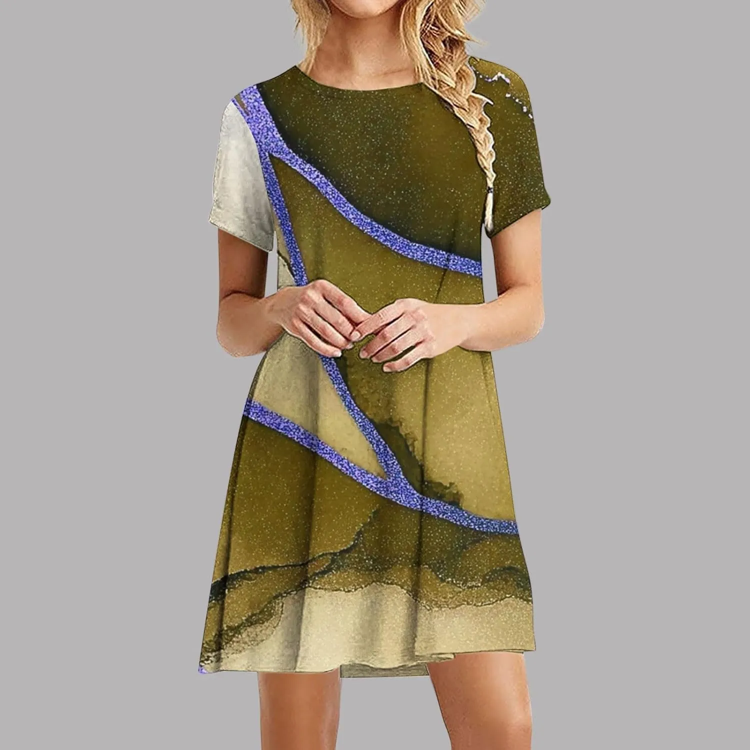 Summer Dress with Sleeves Women Printed Mini Dress Knee Length Flowy Beach Dresses Spring Dresses for Women