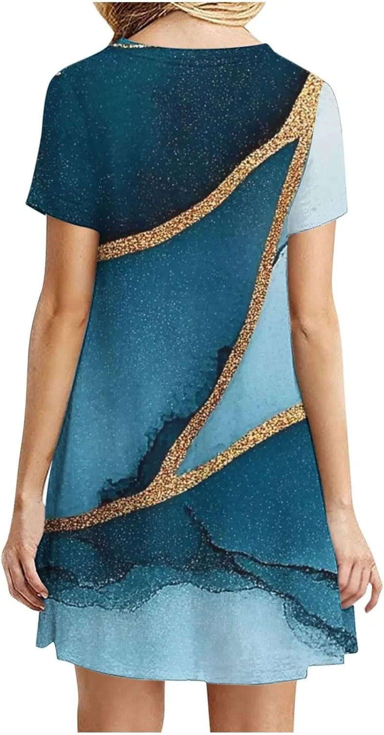 Summer Dress with Sleeves Women Printed Mini Dress Knee Length Flowy Beach Dresses Spring Dresses for Women