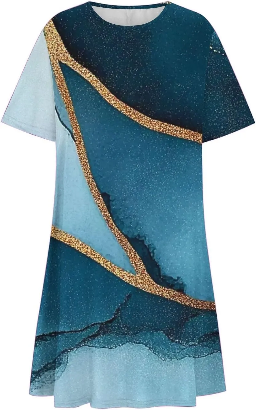 Summer Dress with Sleeves Women Printed Mini Dress Knee Length Flowy Beach Dresses Spring Dresses for Women