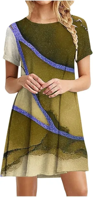 Summer Dress with Sleeves Women Printed Mini Dress Knee Length Flowy Beach Dresses Spring Dresses for Women