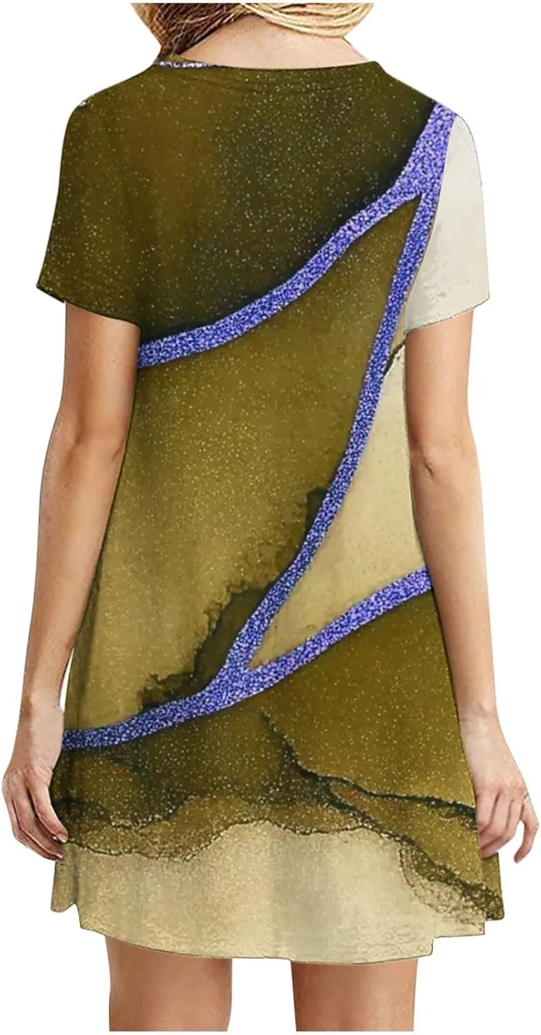 Summer Dress with Sleeves Women Printed Mini Dress Knee Length Flowy Beach Dresses Spring Dresses for Women