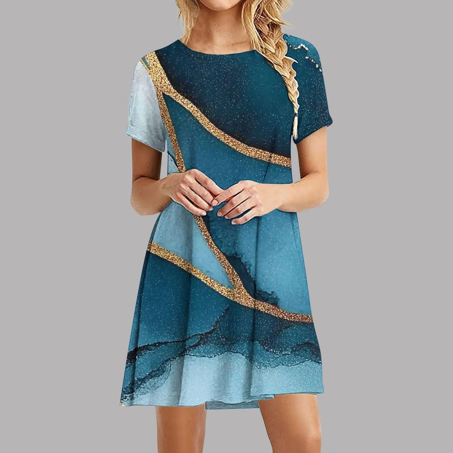 Summer Dress with Sleeves Women Printed Mini Dress Knee Length Flowy Beach Dresses Spring Dresses for Women