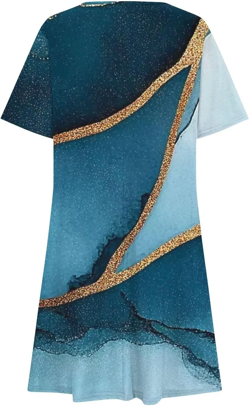 Summer Dress with Sleeves Women Printed Mini Dress Knee Length Flowy Beach Dresses Spring Dresses for Women