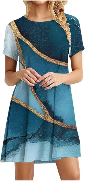 Summer Dress with Sleeves Women Printed Mini Dress Knee Length Flowy Beach Dresses Spring Dresses for Women