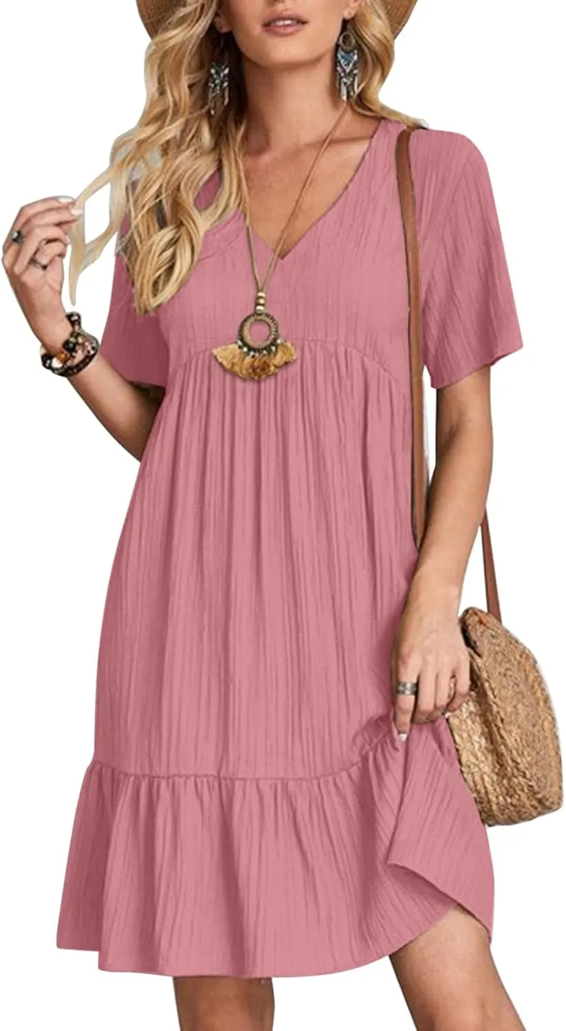 Summer Dresses for Women 2024 Pleated Tiered A Line Flowy Midi Dress Casual Fashion Short Sleeve V Neck Sundress