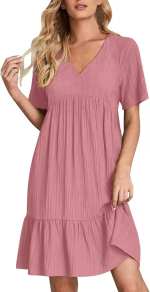 Summer Dresses for Women 2024 Pleated Tiered A Line Flowy Midi Dress Casual Fashion Short Sleeve V Neck Sundress