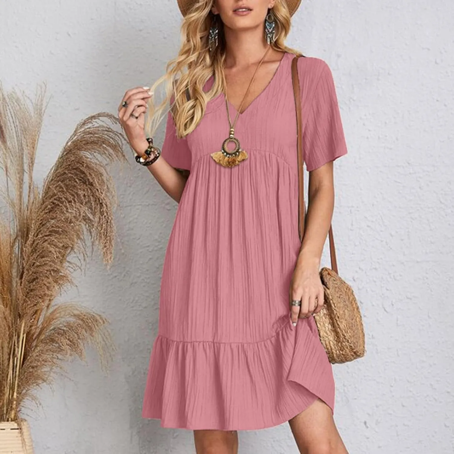 Summer Dresses for Women 2024 Pleated Tiered A Line Flowy Midi Dress Casual Fashion Short Sleeve V Neck Sundress