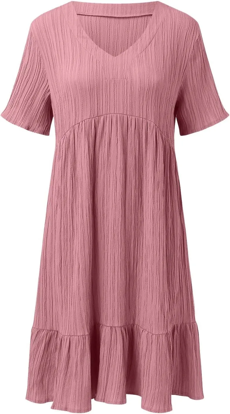 Summer Dresses for Women 2024 Pleated Tiered A Line Flowy Midi Dress Casual Fashion Short Sleeve V Neck Sundress