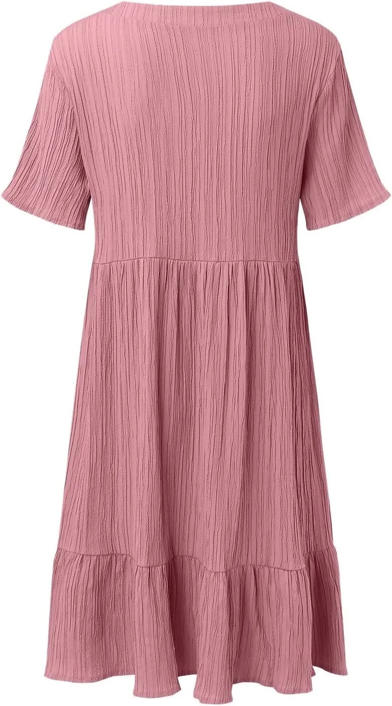 Summer Dresses for Women 2024 Pleated Tiered A Line Flowy Midi Dress Casual Fashion Short Sleeve V Neck Sundress