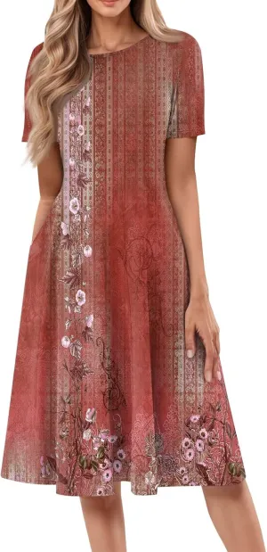 Summer Dresses for Women 2025 Casual Loose Crewneck Short Sleeve Boho Floral Sundresses Flowy Midi Dress with Pockets