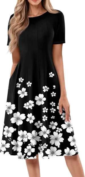 Summer Dresses for Women 2025 Casual Loose Crewneck Short Sleeve Boho Floral Sundresses Flowy Midi Dress with Pockets