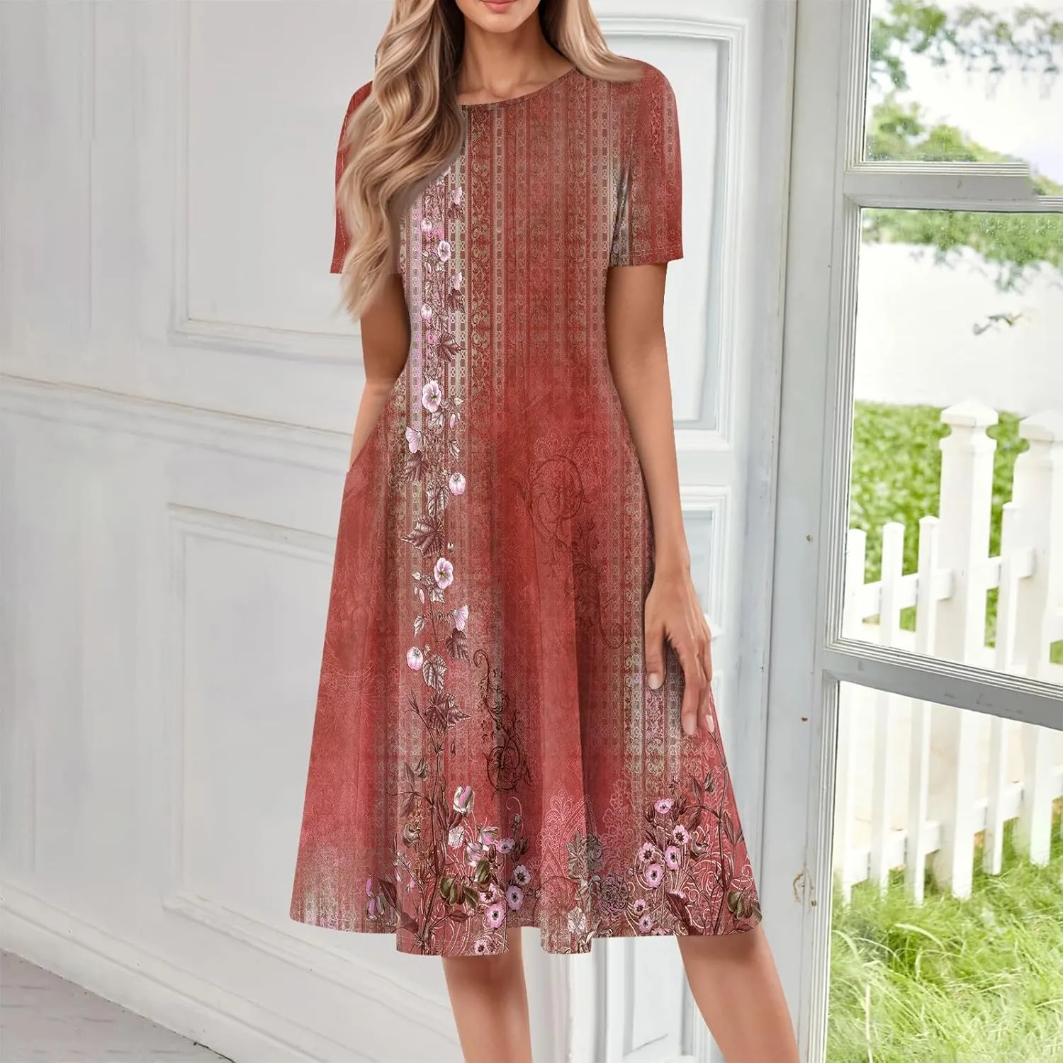 Summer Dresses for Women 2025 Casual Loose Crewneck Short Sleeve Boho Floral Sundresses Flowy Midi Dress with Pockets