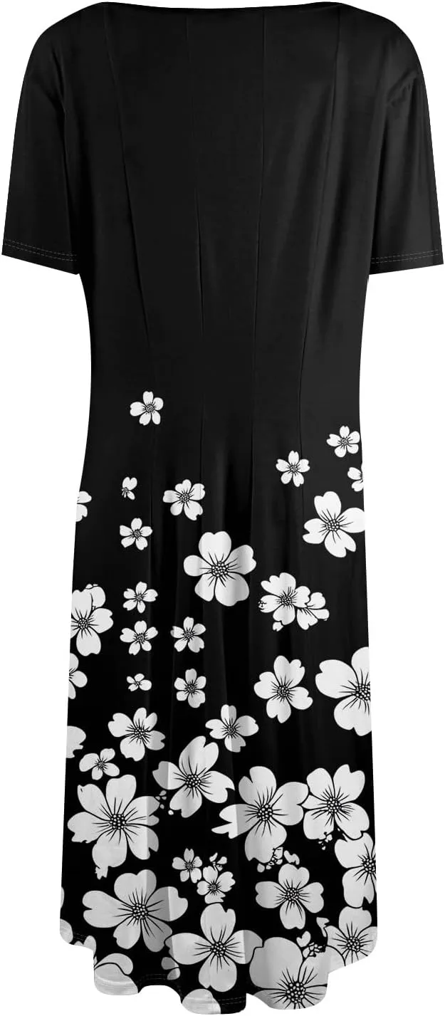 Summer Dresses for Women 2025 Casual Loose Crewneck Short Sleeve Boho Floral Sundresses Flowy Midi Dress with Pockets