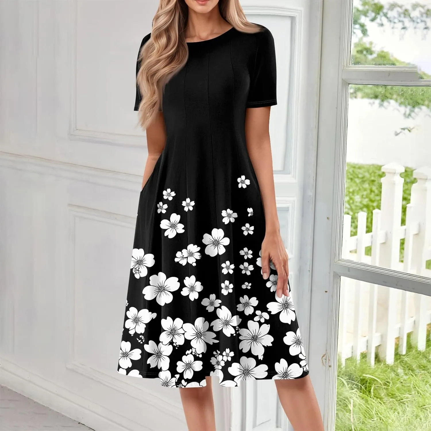 Summer Dresses for Women 2025 Casual Loose Crewneck Short Sleeve Boho Floral Sundresses Flowy Midi Dress with Pockets
