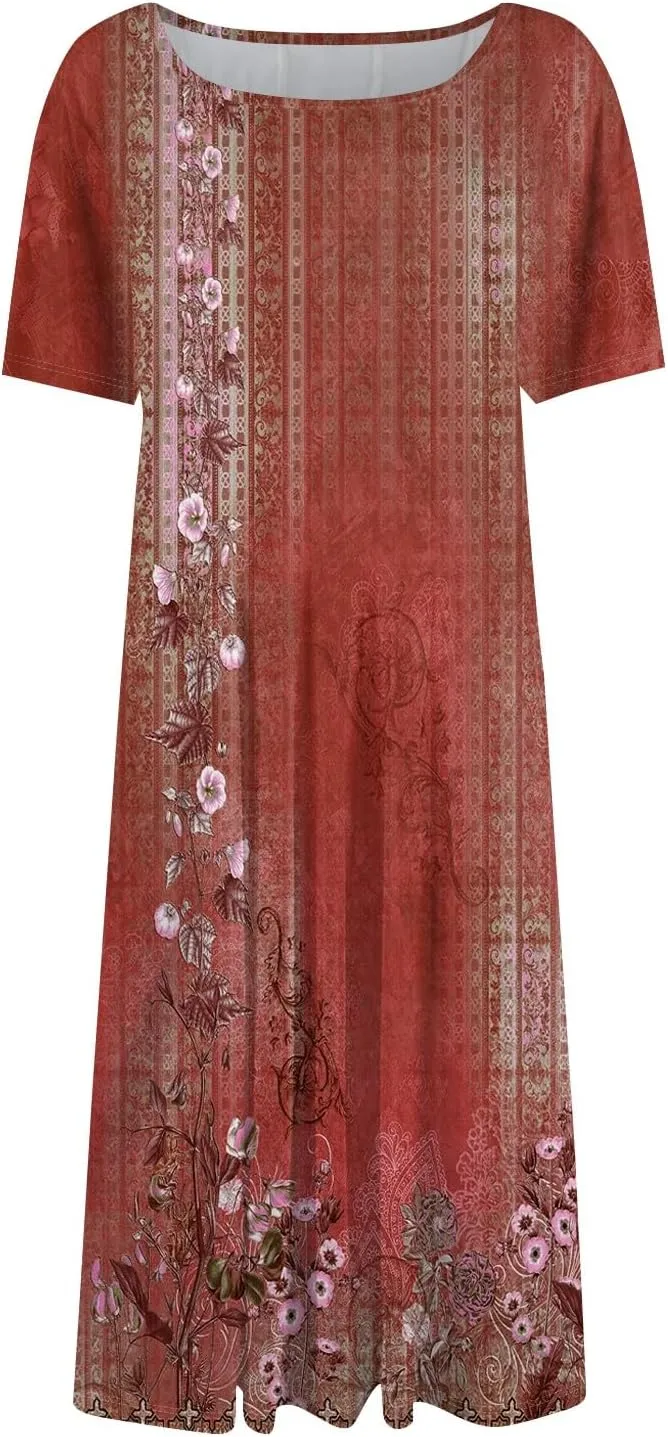 Summer Dresses for Women 2025 Casual Loose Crewneck Short Sleeve Boho Floral Sundresses Flowy Midi Dress with Pockets