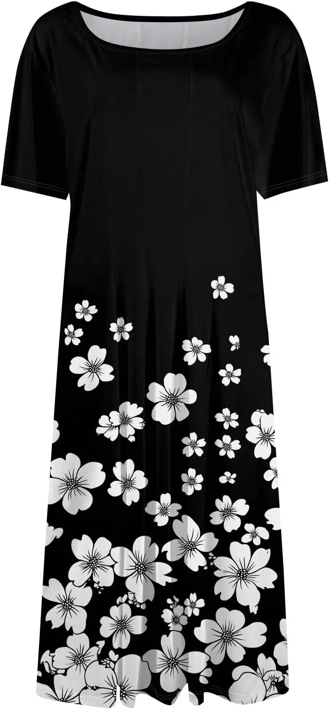 Summer Dresses for Women 2025 Casual Loose Crewneck Short Sleeve Boho Floral Sundresses Flowy Midi Dress with Pockets