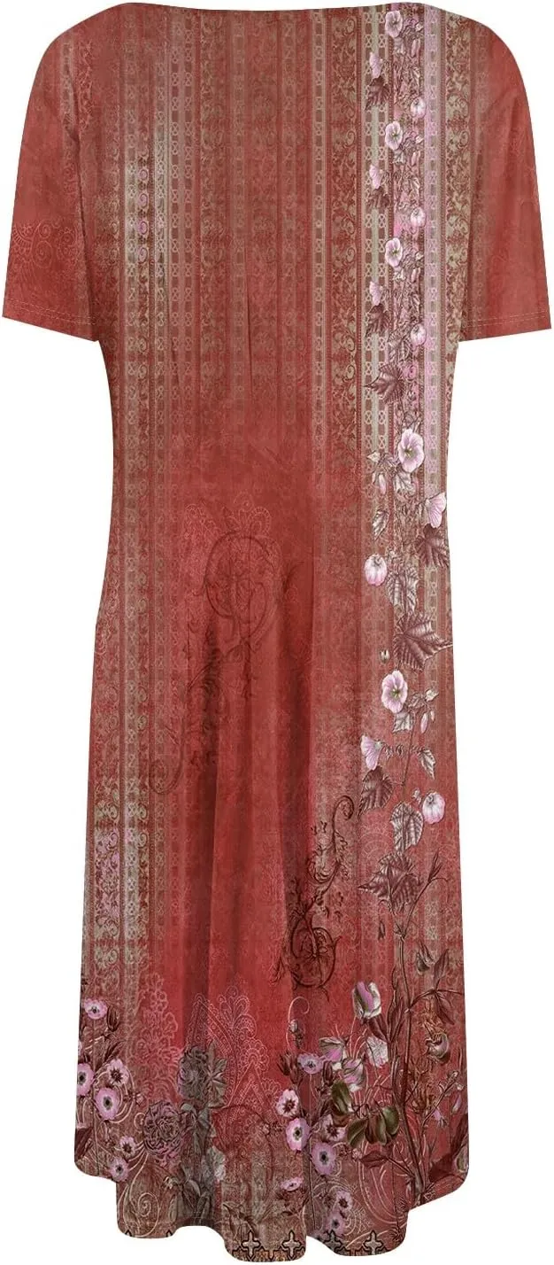 Summer Dresses for Women 2025 Casual Loose Crewneck Short Sleeve Boho Floral Sundresses Flowy Midi Dress with Pockets