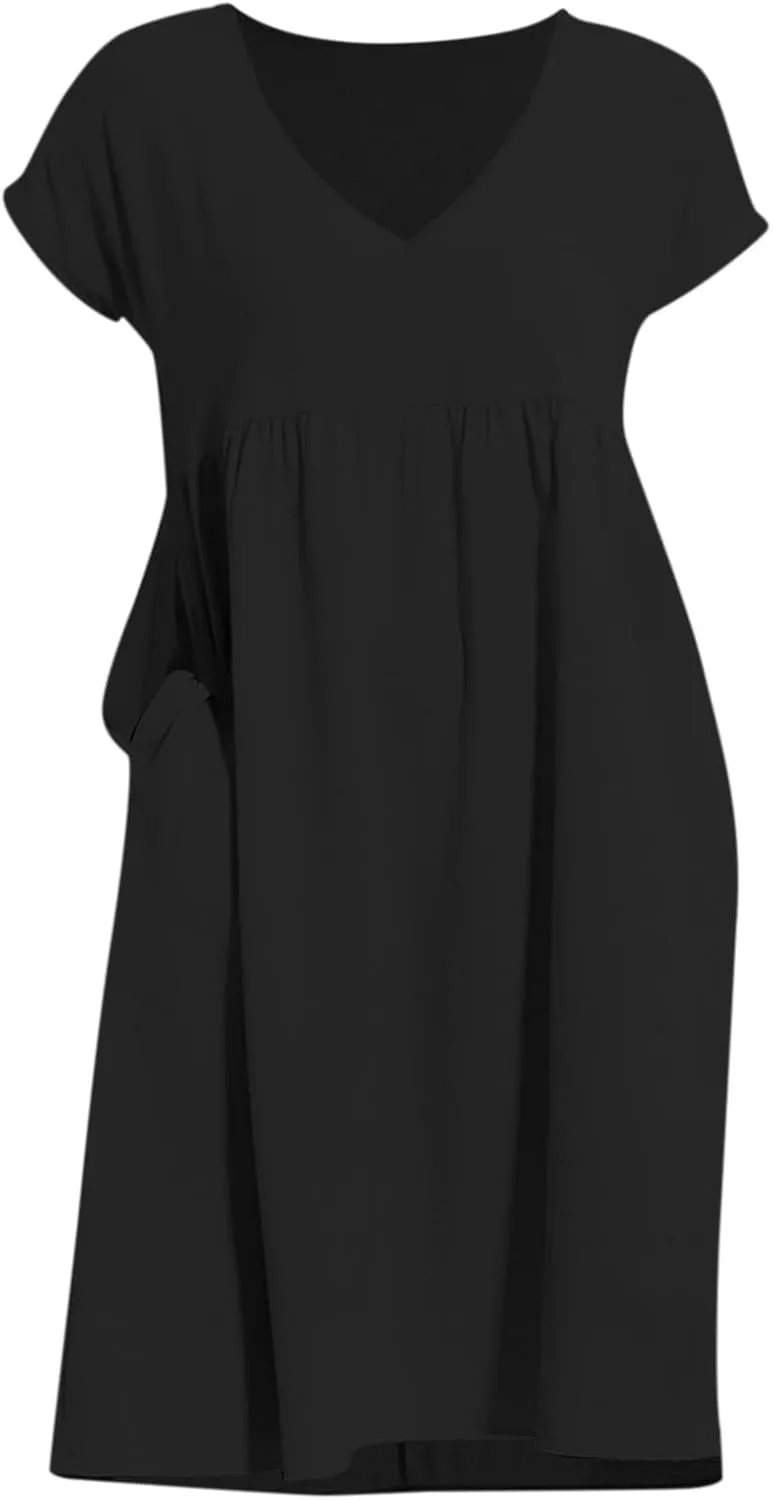 Summer Dresses for Women 2025 Casual V Neck Cotton Linen Dress Plus Size Comfy Flowy Beach Vacation Midi Sundresses