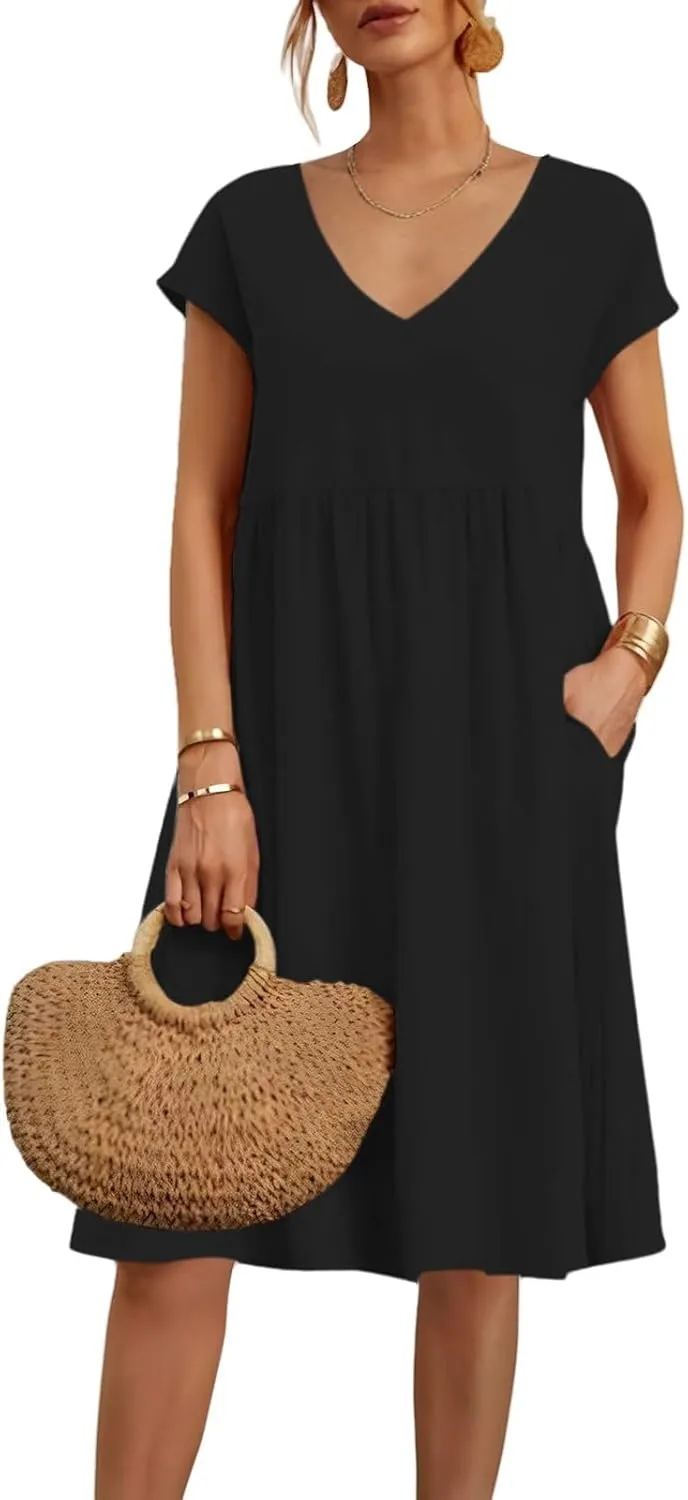 Summer Dresses for Women 2025 Casual V Neck Cotton Linen Dress Plus Size Comfy Flowy Beach Vacation Midi Sundresses